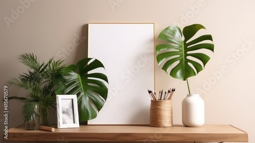Monstera leaf in ceramic potted with blank white frame on cream background for decorative artwork banner and home interior design home office with workspace for minimalist style. Generative Ai
