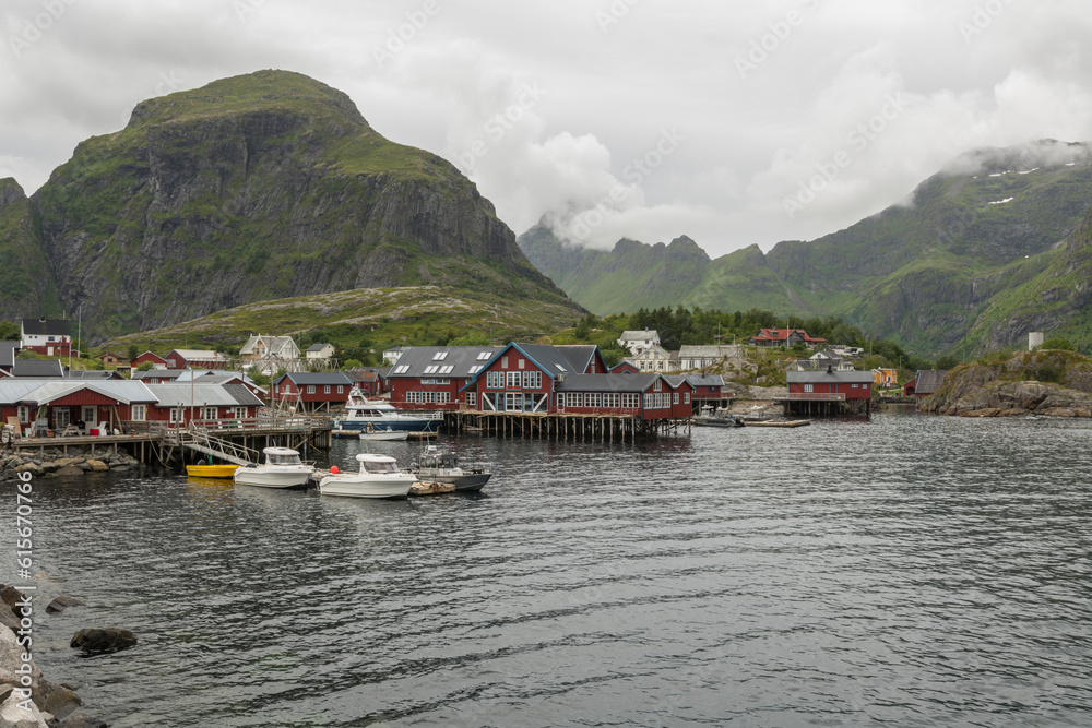 Summer view during a cloudy day on the small fishing village Å i Lofoten on the Lofoten archipelago in Northern norway. Smallest village on the Lofoten islands. 14 july 2022, Å i Lofoten.