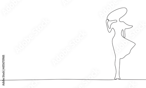 Fashion woman in hat continuous line drawing art. Abstract simple beautiful woman. One line continuous outline isolated vector illustration.