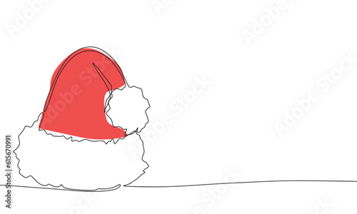 Santa Claus hat continuous line drawing art. Abstract simple Christmas banner. One line continuous outline isolated vector illustration.