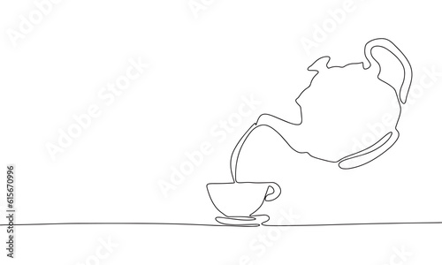 Teapot and cup continuous line drawing art. Abstract simple tea ceremony banner. One line continuous outline isolated vector illustration.