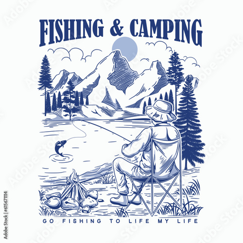 Fishing and Camping. Outdoor Camping and Adventure Vintage Logo Vector