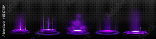 Set of circle hologram portals with purple light effect. Vector realistic illustration of futuristic game technology, round podiums with smoke, laser beams, neon sparkles. Teleport to scifi universe