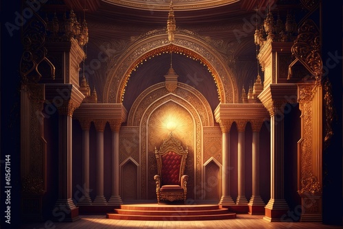 Fotografiet A golden filigree throne room in a medieval castle king sitting on the throne intricate designs the walls and ceiling, Generative AI AIG16