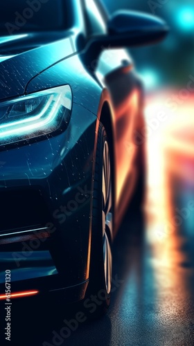 Electric futuristic car illuminated on a dark background. Ecology concept. Generative AI © BraveSpirit