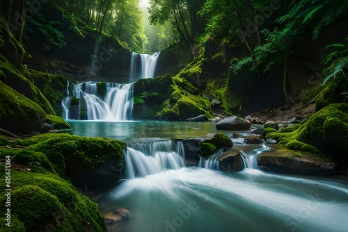 meditating in a natural setting  such as a forest with waterfall forest  with the sounds of nature in the background. Concept of harmony and connection with nature