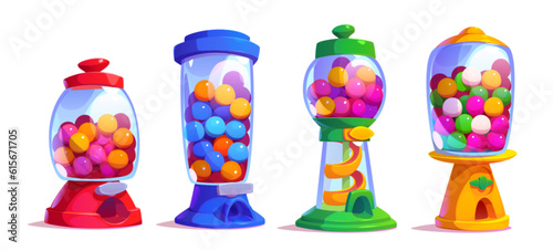 Cartoon set of candy machines isolated on white background. Vector illustration of red, blue, green, yellow retro vending dispensers with glass jars full of bubblegums, sweets, gumballs, chewing gum