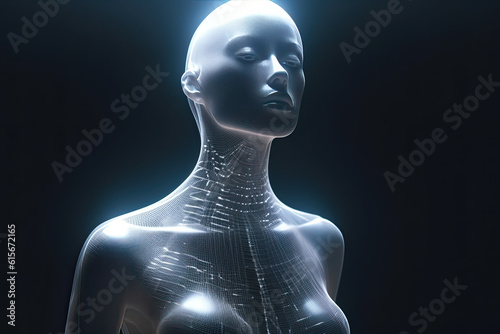 a woman's torso and neck, with glowing light coming out from the top left part of her body