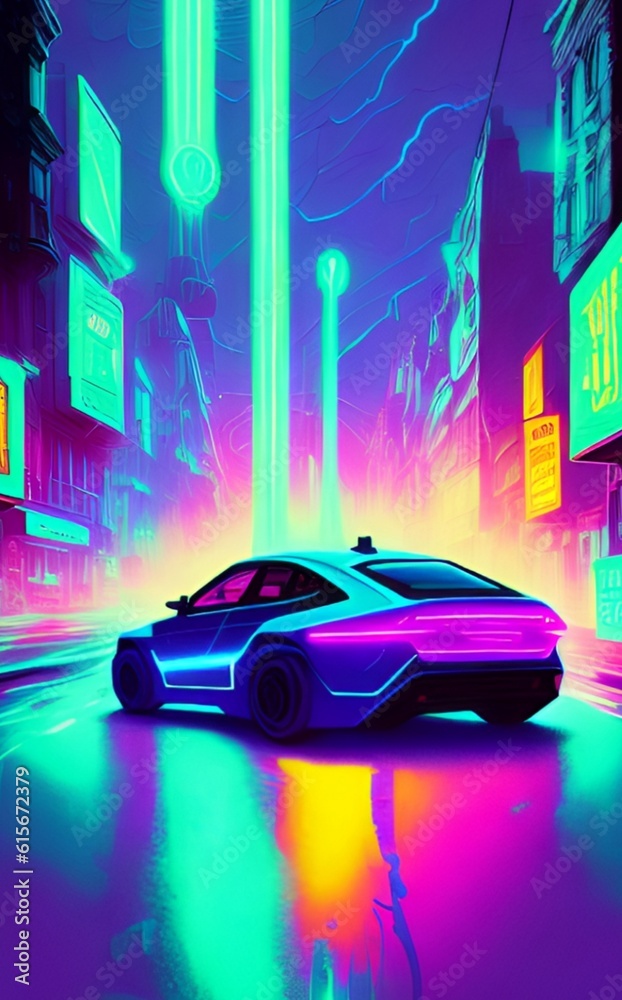 Futuristic car with neon lights in the city. 3d rendering Futuristic car with neon lights in the city. 3d rendering