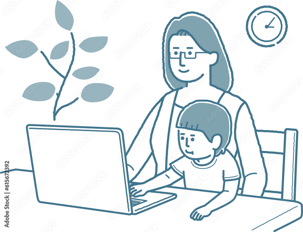 子供を見ながら在宅勤務するビジネスパーソン 子供を見ながら在宅勤務するビジネスパーソン