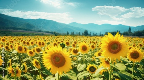 A landscape of sunflowers blooming in a sunflower field illuminated by sunlight, bright sky and mountains in the background. Generative AI