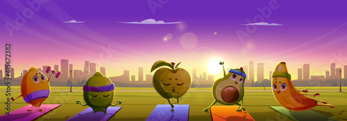 Fruit sport in city park on sunrise cartoon vector illustration. Funny food yoga exercise workout with avocado, banana, apple, lemon and lime on fitness mat background with skyscraper cityscape.
