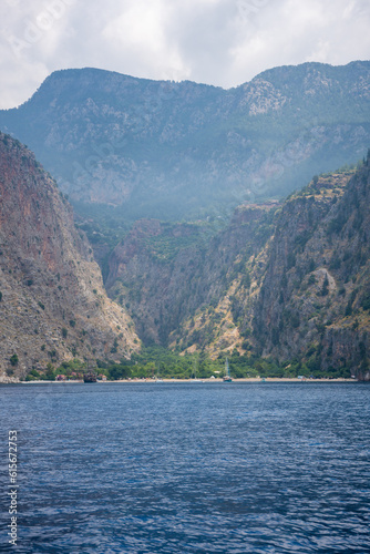 View from water of Butterfly Valley in Oludeniz Fethiye in the morning, Turkey