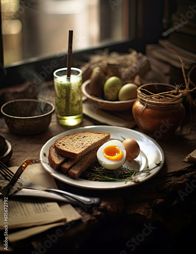 an egg and bread on a white plate with forked uts next to it, in front of a window