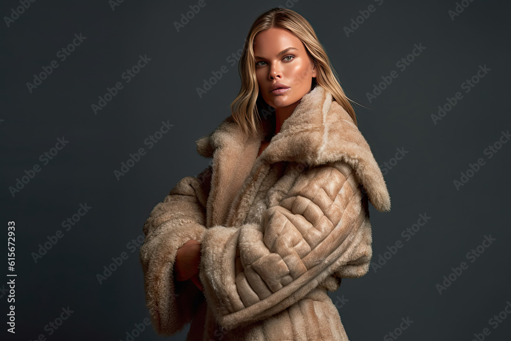 a woman wearing a fur coat and posing in front of a dark background with her hands on her hips legs a woman wearing a fur coat and posing in front of a dark background with her hands on her hips legs