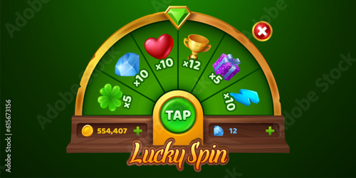 Spin roulette wheel game ui with button vector illustration. Casino fortune lottery interface with random prize. Raffle bonus with rpg props resources to win with chance. Wooden board gambling gaming