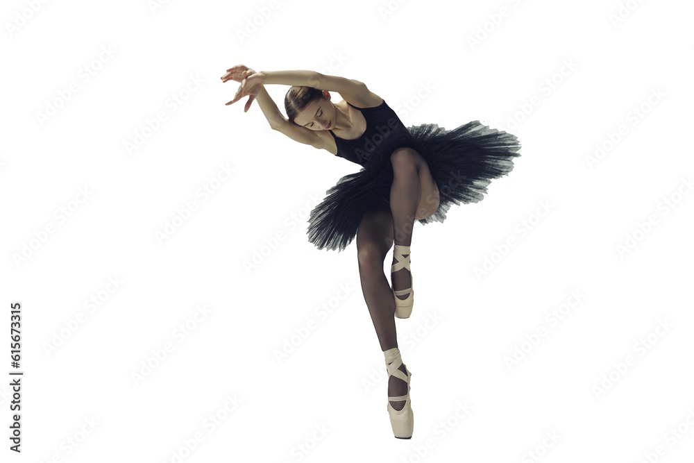 ballerina in a black tutu shows elements of ballet dance in motion