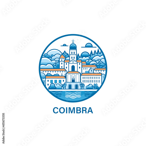 Portugal Coimbra modern city landscape skyline logo. Panorama vector flat shape abstract thin line blue icon