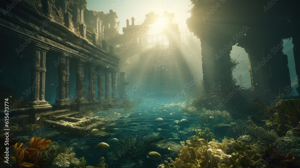 Underwater view of ancient temple in the sea. Generative AI Underwater view of ancient temple in the sea. Generative AI