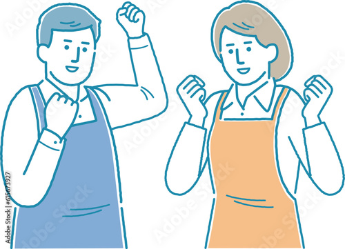 エプロン姿でポーズをとる若夫婦