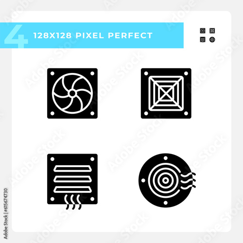 Air system black glyph icons set on white space. Energy efficiency. Home ventilation. Air conditioning. Hvac service. Silhouette symbols. Solid pictogram pack. Vector isolated illustration