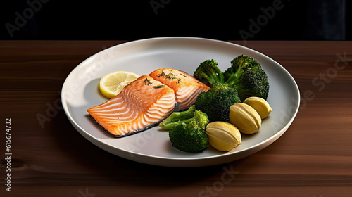 some fish and broccos on a white plate with lemon slices, broccos and broccos photo