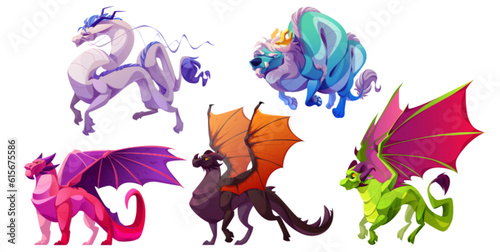 Magic fantasy dragon set for fairy tale game cartoon illustration. Isolated fly monster character clipart asset with wings in brown, green and pink. Ancient mythical dinosaur drawing collection