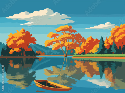 Vector illustration Autumn landscape golden alley park of birches near a pond , contemporary art impressionism abstract landscape.
