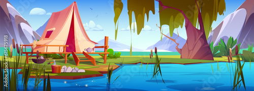 Mountain camp with tent on lake island. Vector cartoon illustration of green valley landscape with tourist equipment, old willow tree on river bank, birds flying in sky. Beautiful natural background