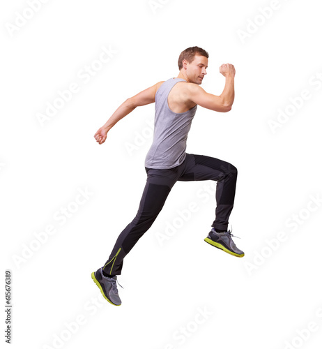 Runner, jump and man with isolated with action on a transparent, png background with fitness. Wellness, jumping and workout of a person with race and marathon body training for exercise and athlete