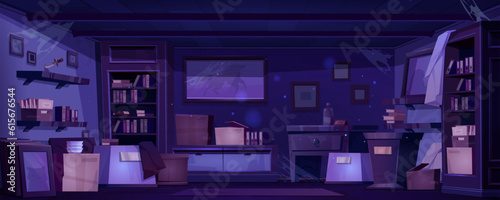 Abandoned old room with furniture and stuff. Vector cartoon illustration of mysterious night house with cobweb on walls, dusty books on shelves of vintage bookcases, packed moving boxes on floor © klyaksun