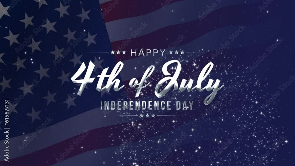 Happy 4th of July greeting animation 2023, lettering text with waving USA flag background and fireworks splash, Happy Independence Day united states of america concept, for banner, feed, stories