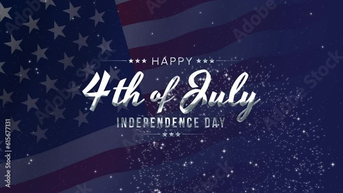 Happy 4th of July greeting animation 2023, lettering text with waving USA flag background and fireworks splash, Happy Independence Day united states of america concept, for banner, feed, stories
