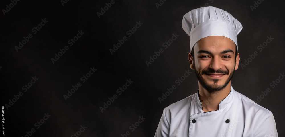 a smiling young men wearing a chef clothes in dark grey background generative ai