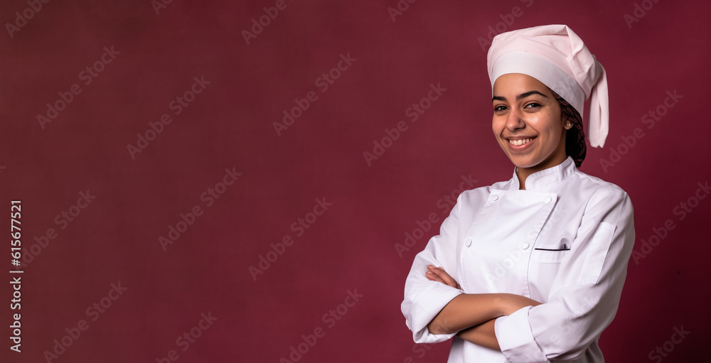 a smiling young woman wearing a chef clothes in dark pink background generative ai a smiling young woman wearing a chef clothes in dark pink background generative ai