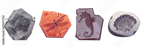 Fossil archaeology stone vector icon set. Sea animal and ancient dragonfly stamp texture drawing isolated cartoon illustration collection. Dig insect and shell impression silhouette clipart