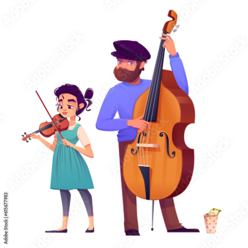 Street musician band people vector illustration. Happy man playing contrabass with violin girl earn money on concert or festival. Player group live performance isolated character design clipart