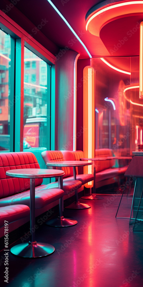 Generative AI Interior of a modern cafe in neon light. Retro style.