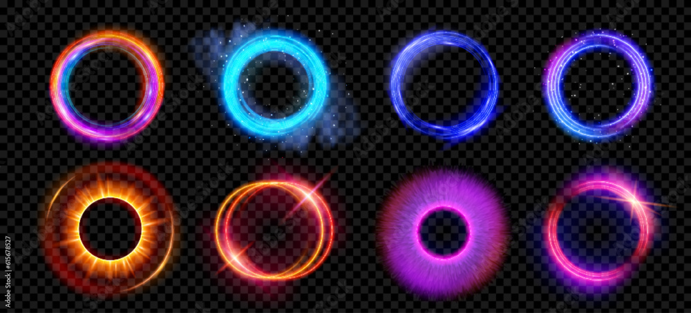 Optical halo flares with neon light vector effect set isolated on transparent background. Circle lens ring with glitter 3d digital design. Radiant speed motion design. Magic energy vortex with spark