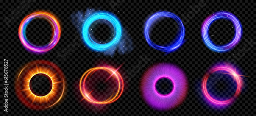 Obraz na plátně Optical halo flares with neon light vector effect set isolated on transparent background
