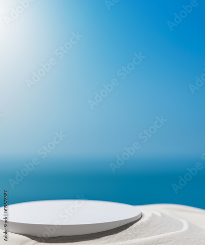 White Sand with White 3D podium put on sand dune againt blurry blue ocean and beautiful sky Summer background with display advertistment concept  generative AI