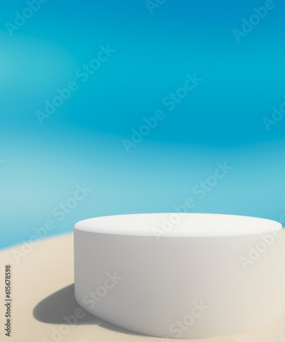 White Sand with White 3D podium put on sand dune againt blurry blue ocean and beautiful sky Summer background with display advertistment concept, generative AI