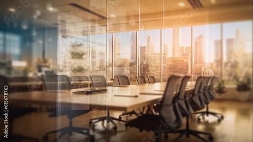 Professional Workplace  Blurred Interior of Modern Office Meeting Room with Cityscape