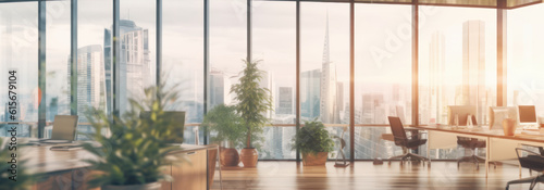 Blurred Modern Office Workspace: Morning Interior with Cityscape for Business Presentation