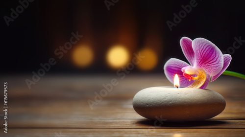 Beautiful asian spa composition with candle and orchid on wooden table on wellness center sustainable interior background. Beauty spa treatment and relax concept. Copy space. Generative ai