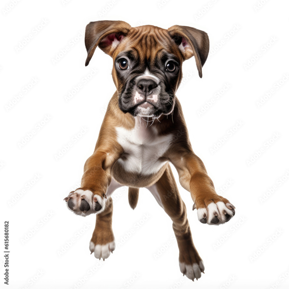 A full body shot of an energetic Boxer puppy (Canis lupus familiaris)