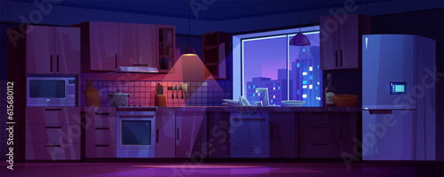 Kitchen interior, house room with fridge, tables, stove and window at night. Empty dark kitchen with modern refrigerator, microwave, dishwasher and plates in sink, vector cartoon illustration