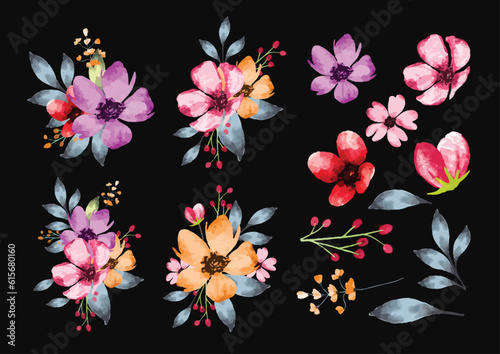 Pastel color isolated flowers and leaves in watercolor style