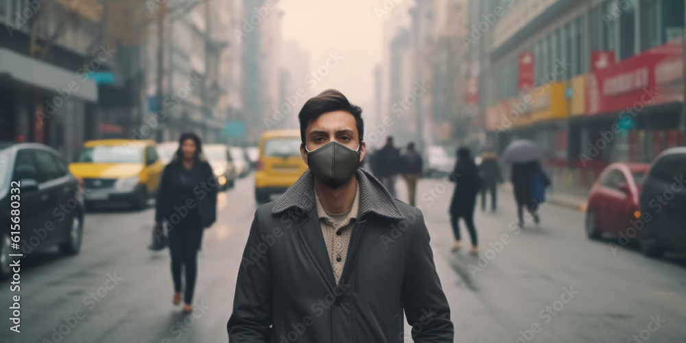 On the street, a businessman wearing a mask. Protection against dust and air pollution goes above and beyond safe levels. In the urban city, PM 2.5 hazardous air pollution dust smoke