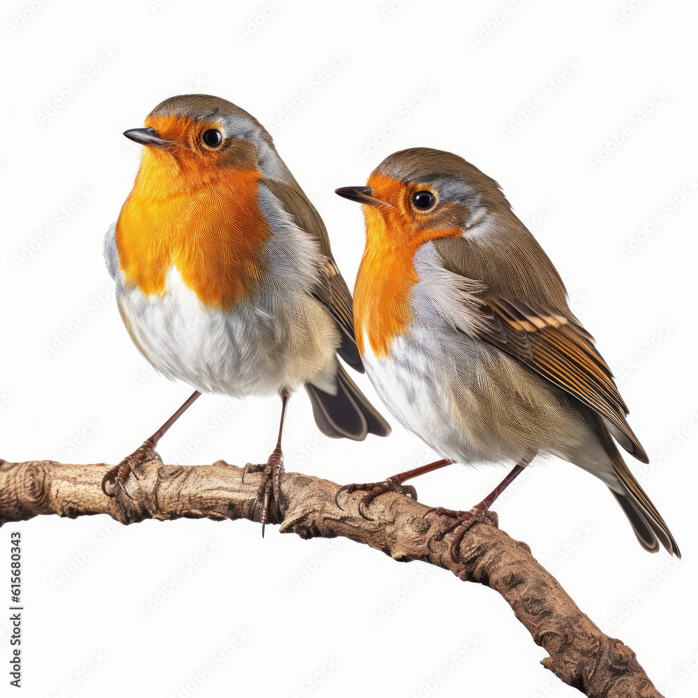 Fototapeta premium Two Robins (Erithacus rubecula) perching on a branch